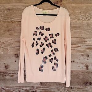 Wildfox Size Medium Peach Angora Blend Sweater with Leopard Sequins